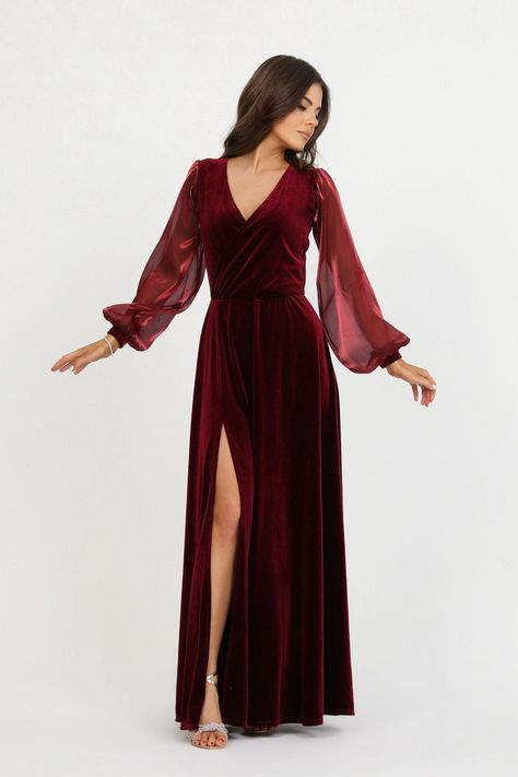 Burgundy Velvet Dress, Long Sleeve Bridesmaid Dress, Stylish Gown, Fall Bridesmaid Dresses, Velvet Dress Long, Civil Wedding Dresses, Velvet Bridesmaid Dresses, Maid Of Honour Dresses, Dress Wedding Guest