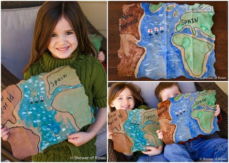 Shower of Roses: Columbus Day Craft :: New World Map History 1st Grade, Christopher Columbus Craft, American History Crafts, World Map Crafts, 1st Grade History, Christopher Columbus Activities, Columbus Map, New World Map, History Crafts