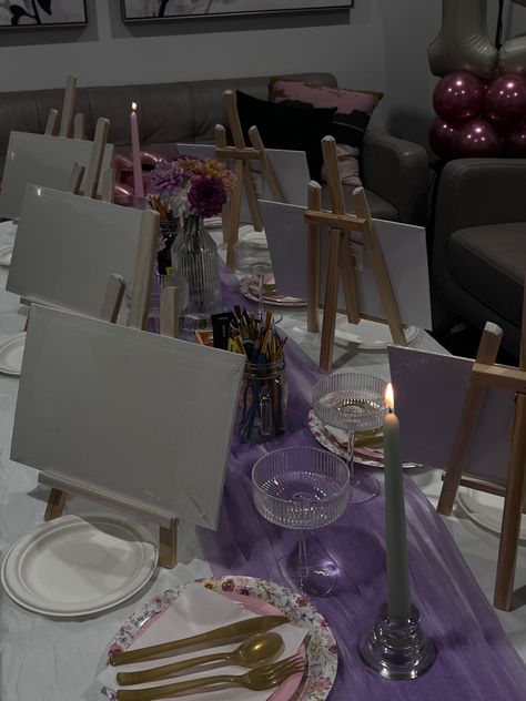 Pink Sip And Paint Party, Paint N Sip Aesthetic, Sip And Paint Bachelorette Party, Painting Dinner Party, Sip N Paint Ideas Parties, Paint And Sip Birthday Party Ideas, Paint And Sip Decor, Paint And Sip Aesthetic, Paint N Sip Ideas Parties