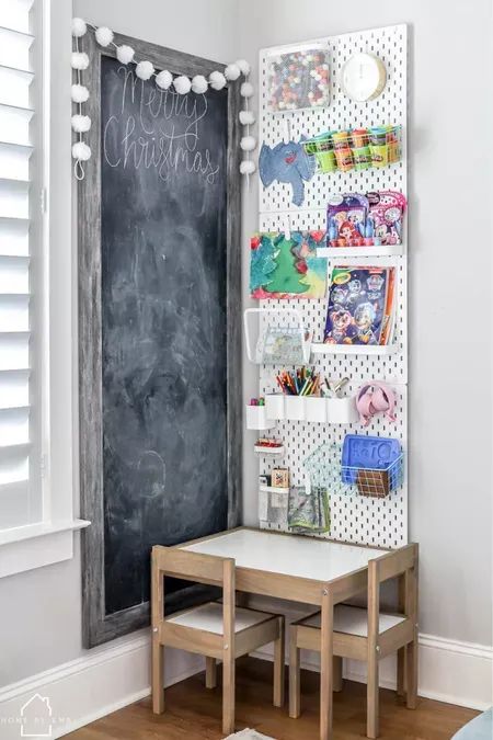 Playroom craft corner #ikea #playroomorganization #pegboard #chalkboard #amazonhome #LTKkids #LTKhome Peg Board Playroom Ideas, Ikea Pegboard Ideas Kids, Chalkboard Playroom, Corner Playroom, Downstairs Playroom, Christmas Playroom, Graces Room, Fabric Pom Poms, Ikea Pegboard