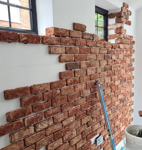 Staircase Brick Wall Design, Wall Brick Design Interiors, Interior Brick Walls, Brick Wall Interior, Brick Slip, Brick Shelves, Brick Wall Decor, Cottage House Interior, Brick Feature Wall