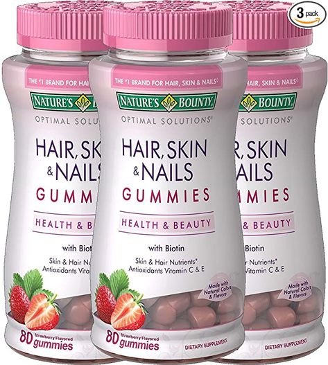 Hair Skin and Nails Vitamins with Biotin and Vitamin C by Nature's Bounty Optimal Solutions, Hair Skin and Nails Gummies - Strawberry Flavored, 80 Gummies (3-Pack): Health & Personal Care Nature's Bounty Hair Skin And Nails, Hair Skin And Nails Vitamins, Nail Vitamins, Hair Skin And Nails, Nature's Bounty, Vitamins For Women, Vitamin Supplements, Daily Essentials, Multivitamin