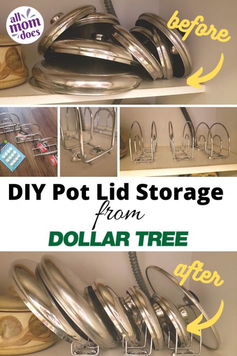 DIY Inexpensive Pot Lid Storage from Dollar Tree | allmomdoes Store Pots And Pans In Cabinet, Pot Lids Organization, Ideas For Can Lids, Organizing Pot Lids, Dollar Store Cabinet Organization, Organization Ideas For Pots And Pans, Pots And Lids Organization, Pan Lid Holder, Dollar Tree Pot Holders