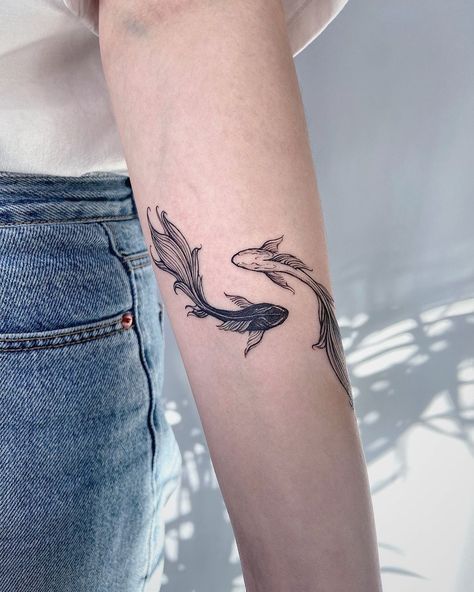 Satosugu Tattoo Ideas, Jjk Fish Tattoo, Koi Arm Tattoo, Beta Fish Tattoos, Koi Fish Arm Tattoo, Satosugu Tattoo, Tangerine Tattoo, Betta Fish Tattoo, Ant Tattoo