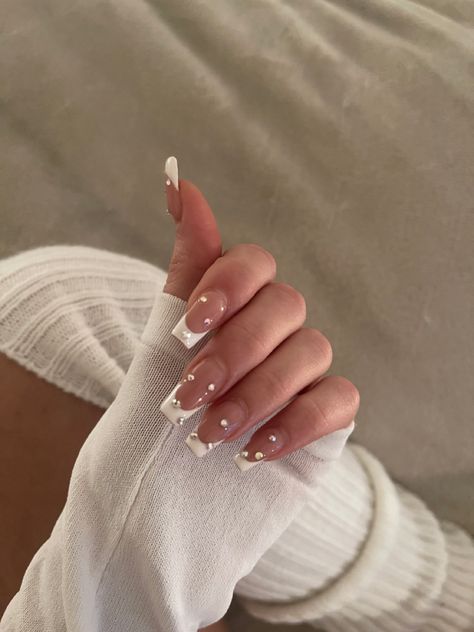 White french tips, french nails, gems, birthday nails, summer nails, spring nails, white outfit, leg warmers, white shirt, nail inspo. French Nails Gems, Birthday Nails Summer, Spring Nails White, Tips French Nails, Temptation Aesthetic, Made Series Danielle Lori, Ronan Markov, Outfit Leg Warmers, Leg Warmers White