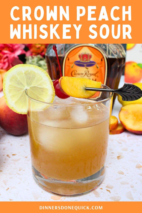 Peach Crown Royal Drinks, Peach Whiskey Sour, Peach Whisky Cocktails, Crown Royal Peach Drinks Recipes Easy, Cocktails With Peach Schnapps, Vanilla Crown Royal Drinks Recipes, Peach Crown Royal Drink Recipes, Crown Royal Peach Drinks Recipes, Crown Peach Drink Recipes