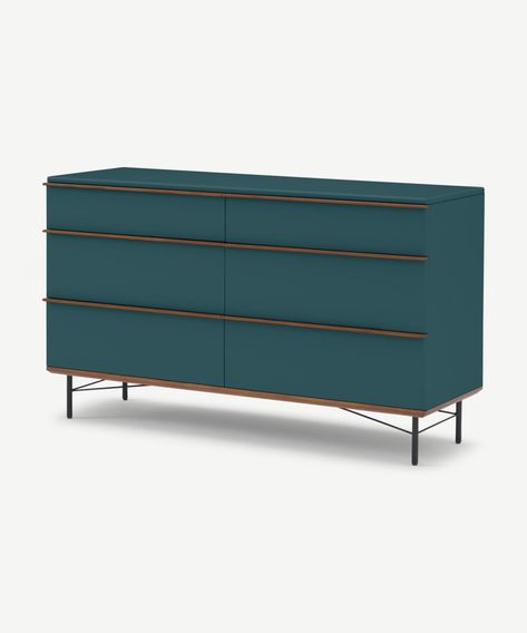 Vincent Wide Chest of Drawers, Petrol Blue & Walnut Stain | MADE.com Wide Chest Of Drawers, Chest Of Drawers Bedroom, Drawers Bedroom, Bedroom Drawers, Design Sofa, Stylish Bedroom, Petrol Blue, Walnut Stain, Menu Furniture