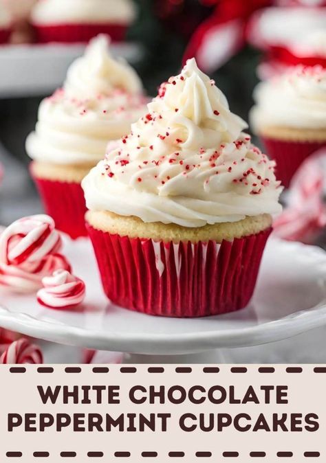 White Chocolate Peppermint Cupcakes Pepermint Cupcakes, White Chocolate Filling, Peppermint Frosting, Chocolate Peppermint Cupcakes, Peppermint Cupcakes, Chocolate Cupcakes Filled, White Chocolate Cupcakes, White Chocolate Peppermint, Peppermint White