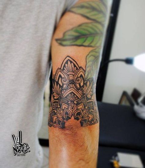 Half Elbow Tattoo, Elbow Tattoo Men Back Of, Mandala Elbow Tattoo, Forearm Mandala Tattoo, Half Mandala Tattoo, Mandala Tattoo Men, Tiger Tattoo Sleeve, Half Mandala, Tiki Tattoo