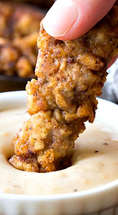 Steak Fingers with Country Gravy ❊ Steak Fingers, Steak Strips, Chicken Fried Steak Recipe, Fried Steak Recipes, Country Gravy, Dip Sauce, Fried Steak, Chicken Fried Steak, Chicken Fried