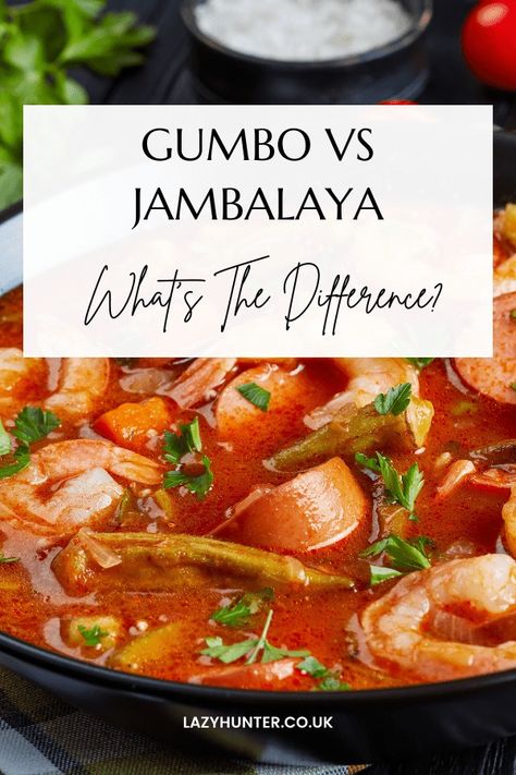 Gumbo vs Jambalaya: What's The Difference Between The Two - Lazy Hunter-Food | Recipes Best Jumbalia, Jambolia Recipe, Gumbo Vs Jambalaya, Paul Prudhomme Jambalaya, Jambalaya Dutch Oven, Jambalaya Recipes, Gumbo Ingredients, Creole Gumbo, Gumbo File