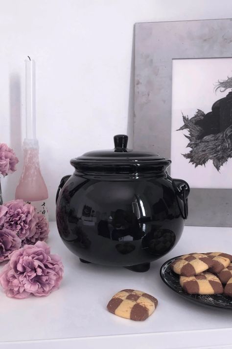 Cauldron Cookie Jar | Killstar Goth Kitchen Decor, Goth Kitchen, Witchy Kitchen, Spooky Kitchen, Goth Home, Goth Home Decor, Dark Home, Ceramic Jars, Snickerdoodles