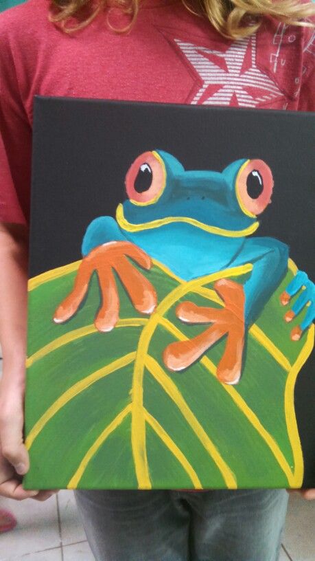 Canvas painting Tree Frog Painting Acrylics, Rainforest Canvas Painting, Rainforest Painting Acrylic, Frog Canvas Painting, Tree Frog Painting, Frog Canvas, Kids Painting Party, Wine And Canvas, Kids Canvas