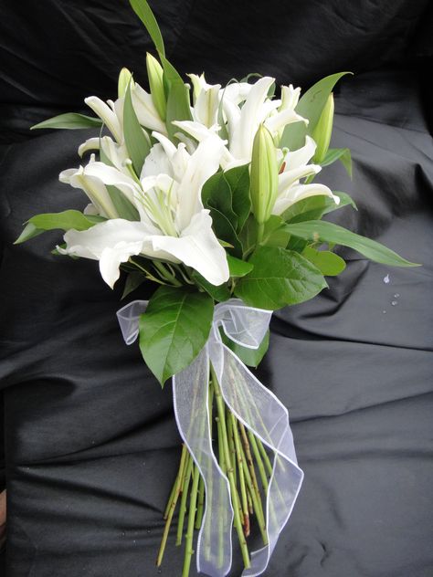 White casablanca lily bouquet. Expressions 24-7 Stargazer Lily Wedding Bouquet, Stargazer Bouquet, Stargazer Lily Wedding, Lily Wedding Bouquet, White Lily Bouquet, Prom Flowers Bouquet, Casablanca Lily, Homecoming Flowers, Lily Bridal Bouquet