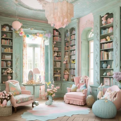 Pastel Colour Room, Pastel Library, Room With Library, Colour Room, Bloxburg Building, Fall Aesthetics, English Interior, Chic Bedroom Decor, Romantic Cottage