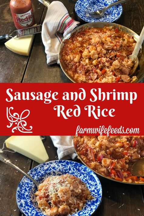 Sausage and Shrimp Red Rice from Farmwife Feeds is an easy southern dish that makes meal time easy. #sausage #rice #shrimp Red Rice Recipe Southern, Charleston Red Rice Recipe, Savannah Red Rice, Red Beans And Rice Recipe Crockpot, Red Rice Recipe, Rice With Shrimp, Rice Shrimp, Shrimp And Rice Recipes, Red Beans N Rice Recipe