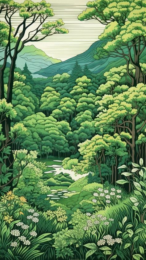 Traditional japanese spring forest vegetation outdoors woodland. | premium image by rawpixel.com / Manee Rawpixel Forest Line Art, Illustrated Landscape, Forest Vegetation, Iphone Spring Wallpaper, Wallpaper Japanese, Japanese Spring, Japanese Forest, Forest Drawing, Japan Landscape