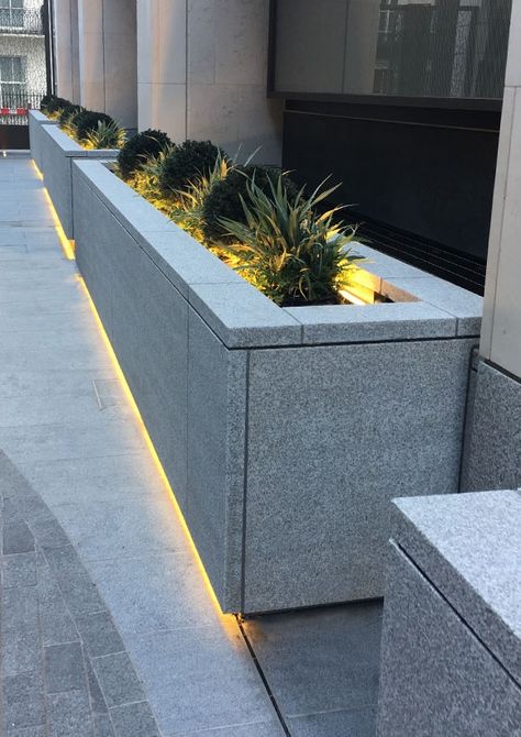 Landscape Planter Boxes, Planter Attached To House, Planter Box Landscaping, Concrete Wall Planter, Planter Box Lighting, Courtyard Planter Boxes, Built In Concrete Planters, Marble Planters Outdoor, Built In Planters Outdoor