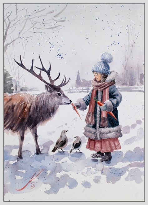 Giclée Fine Art Print. Winter Joy. Girl Feeding Reindeer. Watercolor. - Etsy Ireland Feeding Reindeer, Reindeer Watercolor, Fine Art Print, Reindeer, Watercolor Paintings, Print Quality, Fine Art Prints, Paintings, Art Print