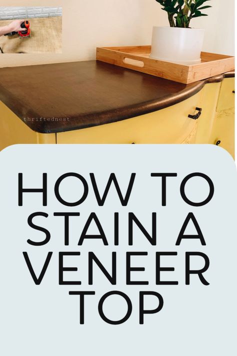 Can you stain wood veneer? Yes, you can! Learn step by step how to stain veneer furniture. Strip, sand and stain a veneer top the easy way! How To Stain Veneer Furniture, Diy Veneer Table Makeover, Staining Laminate Furniture, Painting Over Veneer Furniture, How To Strip Veneer Furniture, Staining Veneer Furniture, Stripping Wood Veneer, Refinish Veneer Table Top, Sanding Veneer Furniture