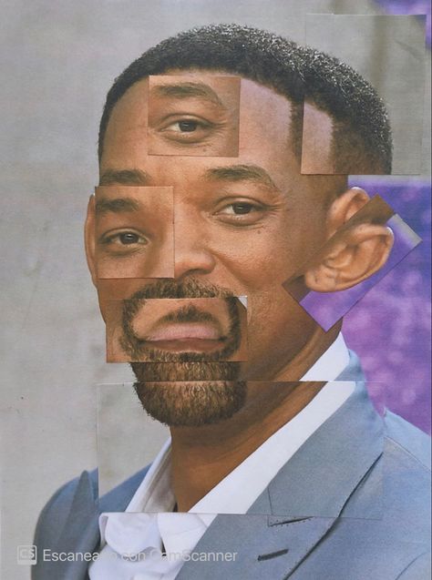 El cubismo es la movimiento artístico que busca romper la realidad mezclando imagenes y conceptos al azar, por ello se aplicado “el collage” al retaro de Will Smith en un estilo cubista. Autor: Camila Piedra, Formato: A4 Will Smith, Collage