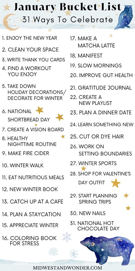 31 ways to celebrate January with my bucket list! January Checklist Ideas, Things To Do In February Ideas, January Bucket List 2025, Monthly Bucket List Ideas, January Organization, January Bucket List Ideas, January List, January Checklist, January Bucket List