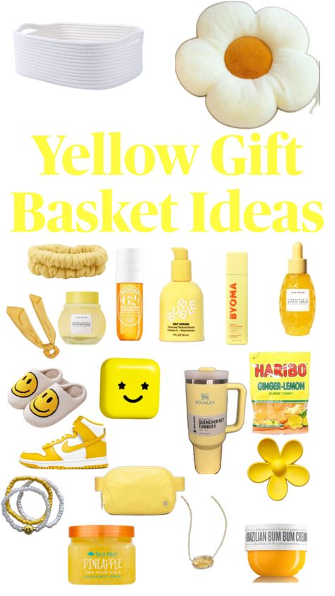 The perfect gift basket for a preppy girl who likes yellow Yellow Gift Basket Ideas, Yellow Gift Basket, Yellow Gifts Basket, Orange Gift Basket, Welcome Home Basket, Making A Gift Basket, Easy Birthday Gifts, Perfect Gift Basket, Creative Gift Baskets