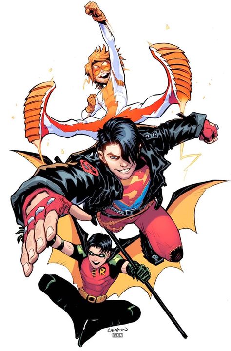 Tim Drake, Conner Kent and Bart Allen are together again in DC's first look at Brian Michael Bendis and Patrick Gleason's Young Justice. Tim Drake And Conner Kent, Young Justice Comic, Bart Allen, Art Dc Comics, Trio Art, Conner Kent, Dc Universe Online, Super Sons, Boy Genius