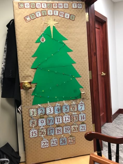 Christmas Door Advent Calendar, Advent Calendar Door Classroom, Office Advent Calendar Ideas, Giant Advent Calendar, Advent Calendar Door Decoration, Decorate Office Door For Christmas, Classroom Advent Calendar, Christmas Office Door Decorations Ideas, Office Christmas Door Contest