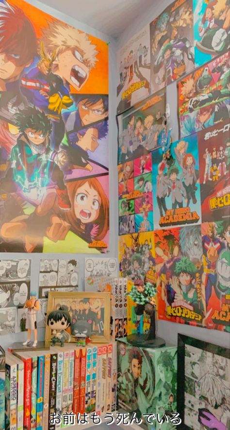 Mha Room Decor, Mha Rooms Ideas, Anime Room Ideas Boys, Mha Bedrooms, Anime Wall Ideas, Manga Wall Room, Anime Themed Bedroom, Mha Room, Anime Bedroom Background