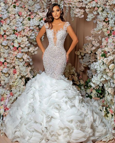 L e n a B e r i s h a on Instagram: “Lena Berisha Bridal “Blossom”” Luxury Wedding Dress Mermaid, Luxury Wedding Dresses, Backless Bridal Gowns, Fairy Wedding Dress, Wedding Dresses Mermaid, Dresses Mermaid, Wedding Dress Fabrics, Color Champagne, Bride Gowns