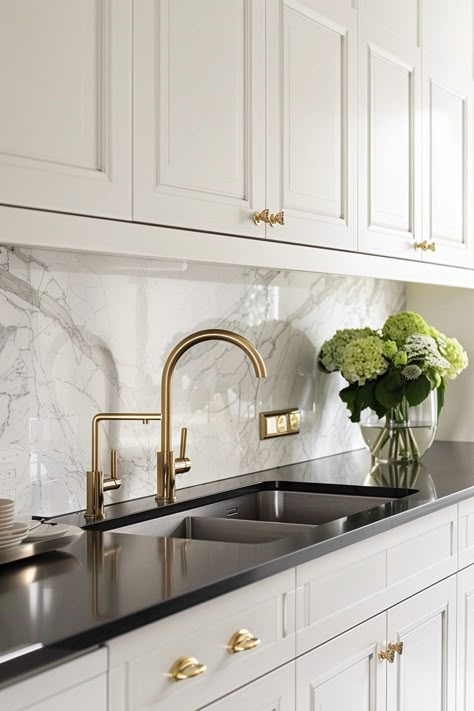 White Black Gold Kitchen, White Kitchen Cabinets Black Countertops, White Cabinet Black Countertop, White Cabinets And Black Countertops, Kitchen Cabinets With Black Countertops, Cabinets With Black Countertops, White Cabinets Black Countertops, Kitchen Black Counter, Organic Transitional