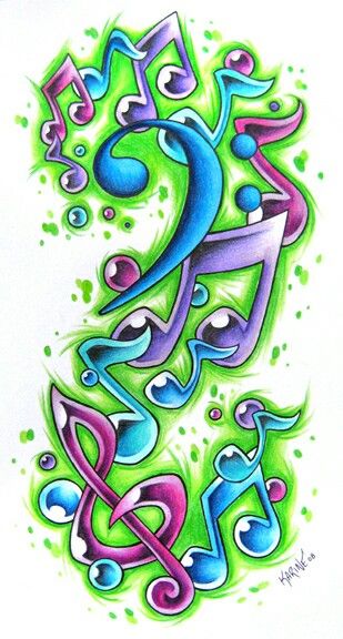 Music tattoo - pretty colors! Too big for my taste though... Music Notes Drawing, Music Graffiti, Music Notes Tattoo, Music Notes Art, Music Tattoo Designs, Note Tattoo, Music Drawings, Music Symbols, Tattoo Sketch