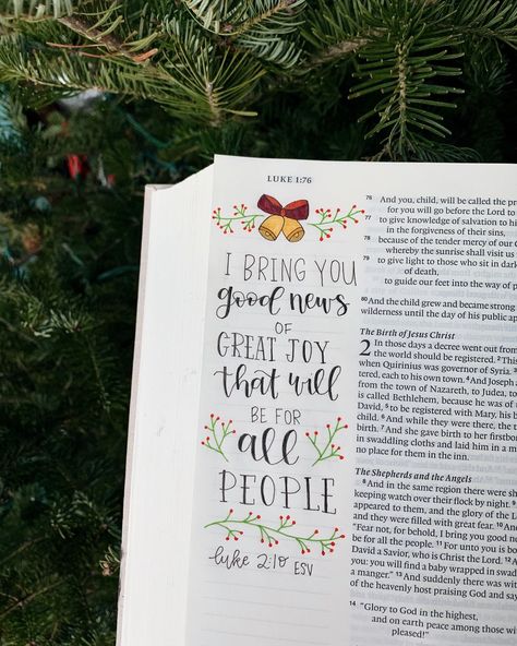 Emma's Bible Journaling’s Instagram photo: ““And the angel said to them, “Fear not, for behold, I bring you good news of great joy that will be for all the people.” ‭‭Luke‬ ‭2:10‬…” Luke 10 Bible Journaling, Luke 2 Bible Journaling, Luke Bible Journaling, Luke Bible, Bible Drawings, Luke 2 10, Bible Journal Notebooks, Aesthetic Bible, Bible Drawing