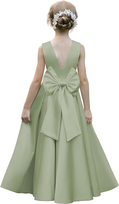 Amazon.com: HEWEGO Sage Green Satin Flower Girl Dresses for Girls A-Line Crew Neck Formal Dress with Bow V-Back Sleeveless Pageant Dresses for Girls Size 6 : Clothing, Shoes & Jewelry Sage Green Flower Girl Dress, Sage Flower Girl Dress, Satin Flower Girl Dresses, Wedding Floor, Green Flower Girl Dresses, Wedding Boards, Satin Flower Girl Dress, Sage Green Dress, Fashion Sketches Dresses