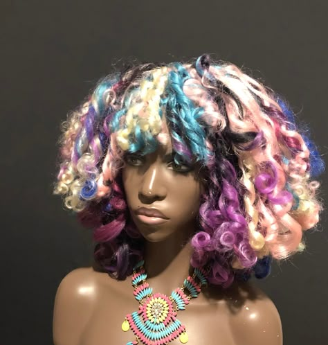 Colorful Black Hairstyles, Halloween Hair Designs, Clowncore Hair, Scene Curly Hair, Color Wheel Hair, Hair Color Analysis, Spiral Hairstyles, Unique Dyed Hair, Color Chart Hair