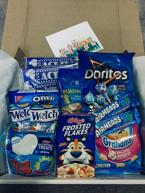 Out of the Blue Snack Box College Care Package for Him for Her - Etsy Blue Themed Gift Baskets, Blue Party Foods, Pillsbury Chocolate Chip Cookies, Blue Gift Basket, Sunshine Gifts, Blue Snacks, Blue Gift Ideas, Snack Basket, Candy Gift Baskets