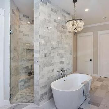 Open Shower Ideas Walk In Half Walls, Walk In Shower No Tile, Walk Around Shower Behind Tub, Shower With Two Entrances, Master Bath Walk Through Shower Ideas, Walk Thru Shower Ideas, Grotto Shower Master Bath, Large Master Bath Shower Designs, Walk Through Shower Ideas