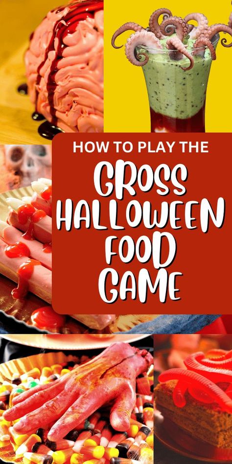 BeST halloween guessing game with food! A taste food challenge for Halloween game that kids will love because it's a disgusting food game! If you love mystery box games (or whats in my bag game for kids), you'll love this simple Halloween game idea! #halloweengames #foodgames #partygame Halloween Guessing Game With Food, Halloween Gross Food, Halloween Kid Games, Food Games For Kids, Gross Halloween Foods, Easy Halloween Games, Teen Halloween Party, Creepy Food, Fun Halloween Party Games