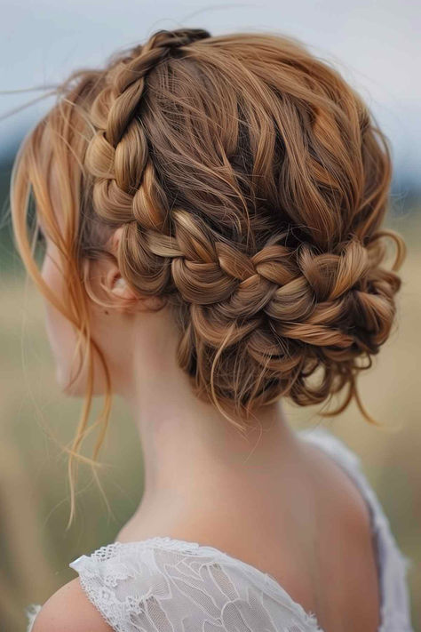 25 Best Wedding Hairstyle Ideas for Medium-Length Hair Braid Crown Bridesmaid, Irish Braids Celtic Wedding, Milkmaid Braid Wedding Hair, Wedding Hairstyles For Medium Length Curly Hair, Crown Of Braids, Braid Crown Bridal Hair, Wedding Medium Length Hairstyles, Wedding Updo Red Hair, Celtic Bride Hairstyles