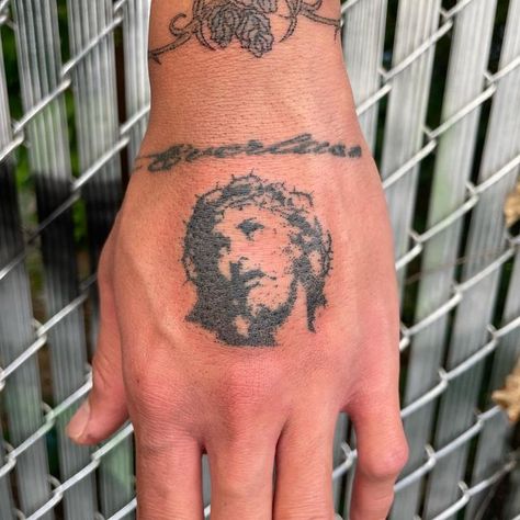 Throat Piece Tattoo, Jesus Piece Tattoo, Mexican Style Tattoos, Horizontal Tattoo, Jesus Hand Tattoo, Jesus Tattoos, Tattoo Jesus, Jesus Tattoo Design, Script Tattoos