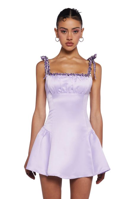 Sugar Thrillz Lace Up Mini Dress - Light Purple – Dolls Kill Dark Purple Dress Mini, Pastel Purple Hoco Dress, Lavender Dress Midi, Purple Mini Dress Casual, Purple Clothes Combination, Purple Dress Mini, Lavender Bridesmaids Dress, Dark Purple Hoco Dresses Short, Puffy Purple Dress