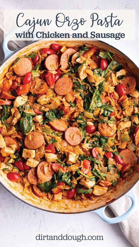 This Cajun chicken orzo pasta with sausage and spinach is a quick and balanced dinner that is loaded with protein, and fresh produce then finished with an orzo pasta with those classic Cajun flavors. Just a little prep and can be cooked in under 30 minutes, making dinner a breeze. Cajun Orzo, Pasta With Sausage And Spinach, Cajun Chicken Orzo, Chicken Orzo Pasta, Balanced Dinner, Sausage Spinach Pasta, Chicken Sausage Pasta, Sausage And Spinach, Spinach Tortellini Soup