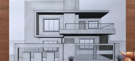 Drawing Of Dream House, 3d House Plans Drawing, Modern Architecture House Drawing, How To Draw A 3d House, 3d Perspective Drawing Architecture, 1 Point Perspective Drawing House, House Drawings Sketches, Architecture Drawing For Beginners, 1 Point Perspective Drawing Architecture