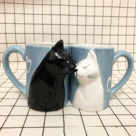 Our Cat Couple Ceramic Mugs are perfect for lovers of all things cute and cuddly. Make your mornings even sweeter by having a pair of these adorable cat mugs. A great gift to share with your special someone and make your mornings special.Celebrate your love with these cute cats-kissing couple mugs. The couple's mugs fo Kiss Cat, Cat Personality, Cute Kiss, Cat Personalities, Letters Design, Cat Couple, Creative Accessories, Cute Presents, Milk Coffee