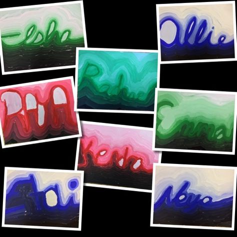 Fifth graders have been creating monochromatic tempera paintings we are calling "Names in Neon," since they resemble the glow of a neon sign... Activities For 1st Graders, Wow Painting, 3rd Grade Art Lesson, Monochromatic Painting, Art Handouts, Art Teaching Resources, Artists Painting, Monochromatic Art, 5th Grade Art