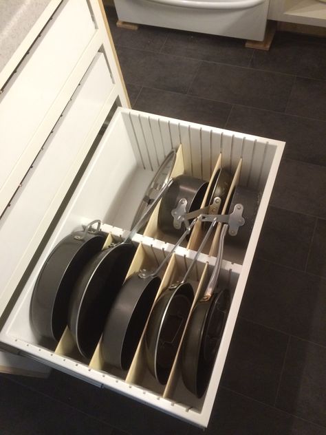 Pan Holder In Cabinet, Pot And Pan Storage Drawer, Pantry Pan Storage, Kitchen Cabinet Pan Storage, Glass Pan Storage, Pan Kitchen Storage, Organising Pots And Pans In Drawers, Drawer Pan Organizer, Vertical Pan Storage