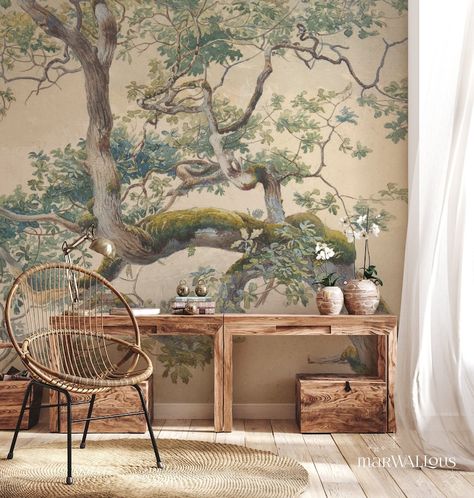 Tree Branch Wallpaper, Branch Wallpaper, Wallpaper Watercolor, Tree Mural, Scenic Wallpaper, Bright Wallpaper, Chinoiserie Wallpaper, Original Watercolor Art, Removable Wall Murals