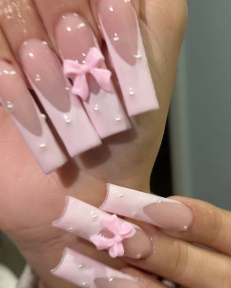 Coquette Nails, Bow Nails, Simple Gel Nails, Girly Acrylic Nails, Cute Acrylic Nail Designs, Hello Kitty Nails, French Acrylic Nails, School Nails, Really Cute Nails