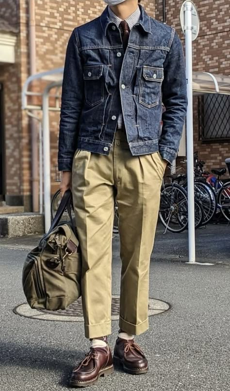 Mens Chore Coat Outfit, Paraboot Outfit Men, Ametora Style Men, Amekaji Mens Fashion, Amekaji Style, Paraboot Outfit, Japanese Americana Fashion Men, Ametora Style, Denim Jacket Outfit Mens